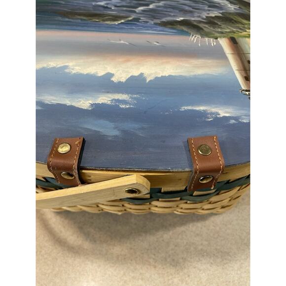 Wooden Woven Wicker Picnic Basket With Beautiful Hand Painted Sea Scape - Picture 10 of 12